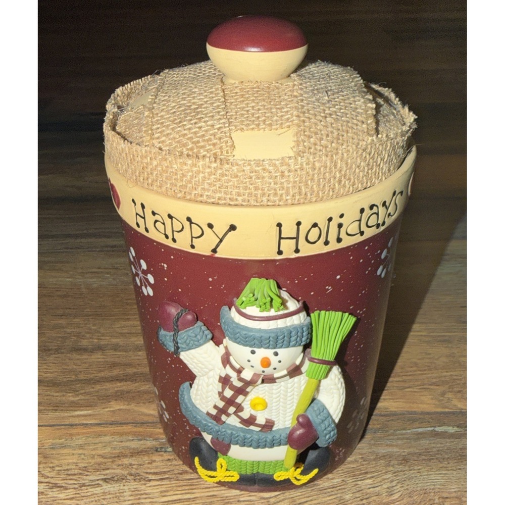 Vtg Snowman Happy Holidays DIY‎ Burlap 3D Ceramic Canister Cookie Jar w Lid